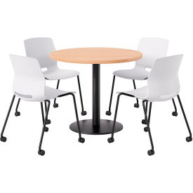 42" Round Table with 4 Armless Caster Chairs, White Seat/Maple Top