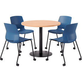 42" Round Table with 4 Armless Caster Chairs, Navy Seat/Maple Top