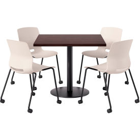 42" Square Table with 4 Armless Caster Chairs, Moonbeam Seat/Espresso Top