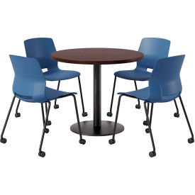 42" Round Table with 4 Armless Caster Chairs, Navy Seat/Espresso Top