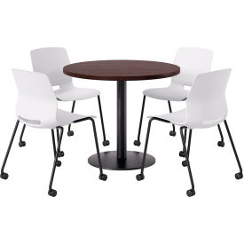 42" Round Table with 4 Armless Caster Chairs, White Seat/Espresso Top