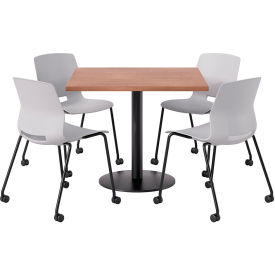 42" Square Table with 4 Armless Caster Chairs, Light Gray Seat/River Cherry Top