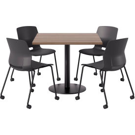 42" Square Table with 4 Imme Armless Caster Chairs, Black Seat/Studio Teak Top