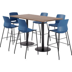 36" x 72" Table with 6 Armless Barstools, Navy Seat/Studio Teak Top