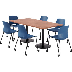 36" x 72" Table with 6 Armless Caster Chairs, Navy Seat/River Cherry Top