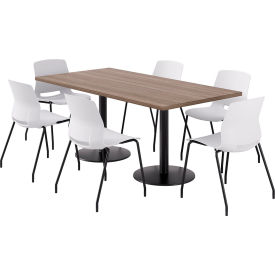 36" x 72" Table with 6 Armless Chairs, White Seat/Teak Top