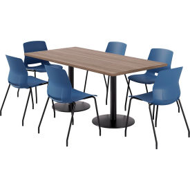 36" x 72" Table with 6 Armless Chairs, Navy Seat/Studio Teak Top