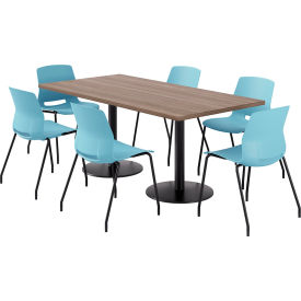 36" x 72" Table with 6 Armless Chairs, Sky Blue Seat/Studio Teak Top