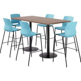 36" x 72" Table with 6 Imme Armless Barstools, Sky Blue Seat/Studio Teak Top