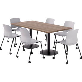 36" x 72" Table with 6 Imme Armless Caster Chairs, Light Gray Seat/Studio Teak Top