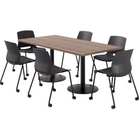 36" x 72" Table with 6 Imme Armless Caster Chairs, Black Seat/Studio Teak Top