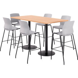 36" x 72" Table with 6 Armless Barstools, Light Gray Seat/Maple Top