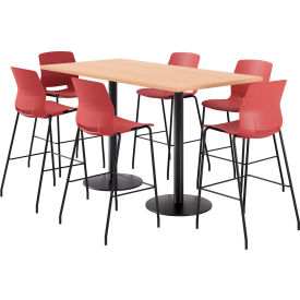 36" x 72" Table with 6 Armless Barstools, Coral Seat/Maple Top