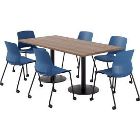 36" x 72" Table with 6 Imme Armless Caster Chairs, Navy Seat/Studio Teak Top