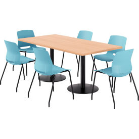 36" x 72" Table with 6 Imme Armless Chairs, Sky Blue Seat/Maple Top