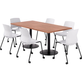 36" x 72" Table with 6 Imme Armless Caster Chairs, White Seat/River Cherry Top