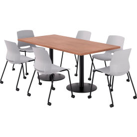 36" x 72" Table with 6 Armless Caster Chairs, Light Gray Seat/River Cherry Top