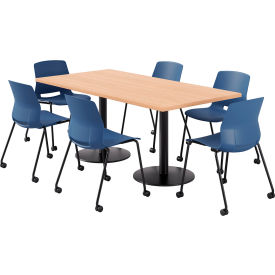 36" x 72" Table with 6 Imme Armless Caster Chairs, Navy Seat/Maple Top