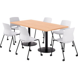 36" x 72" Table with 6 Imme Armless Caster Chairs, White Seat/Maple Top