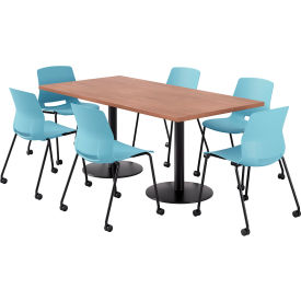 36" x 72" Table with 6 Armless Caster Chairs, Sky Blue Seat/River Cherry Top
