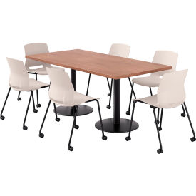 36" x 72" Table with 6 Armless Caster Chairs, Moonbeam Seat/River Cherry Top