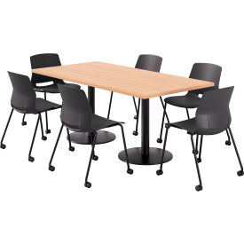 36" x 72" Table with 6 Armless Caster Chairs, Black Seat/Maple Top