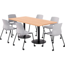 KFI 36" x 72" Table with 6 Armless Caster Chairs, Light Gray Seat/Maple Top