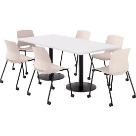 36" x 72" Table with 6 Armless Caster Chairs, Moonbeam Seat/White Top