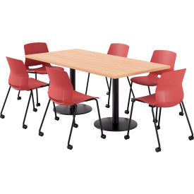 36" x 72" Table with 6 Armless Caster Chairs, Coral Seat/Maple Top