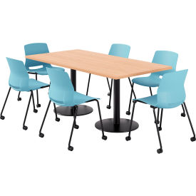 36" x 72" Table with 6 Imme Armless Caster Chairs, Sky Blue Seat/Maple Top