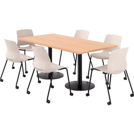 36" x 72" Table with 6 Imme Armless Caster Chairs, Moonbeam Seat/Maple Top