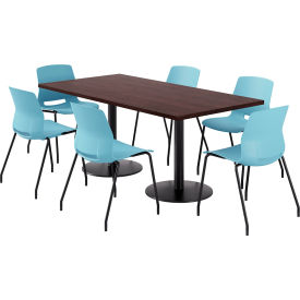 36" x 72" Table with 6 Armless Chairs, Sky Blue Seat/Espresso Top