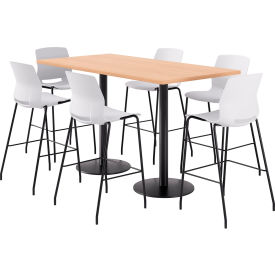 36" x 72" Table with 6 Armless Barstools, White Seat/Maple Top