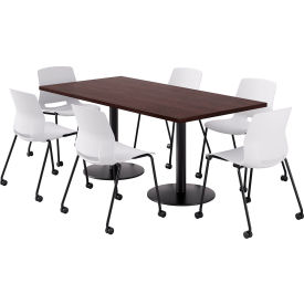 36" x 72" Table with 6 Imme Armless Caster Chairs, White Seat/Espresso Top
