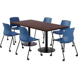 36" x 72" Table with 6 Armless Caster Chairs, Navy Seat/Espresso Top
