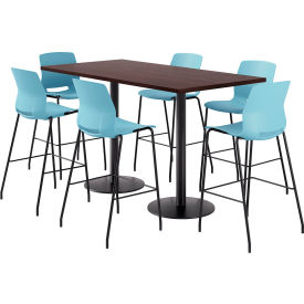 36" x 72" Table with 6 Armless Barstools, Sky Blue Seat/Espresso Top