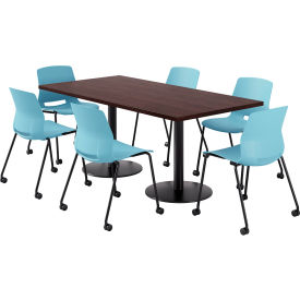 36" x 72" Table with 6 Imme Armless Caster Chairs, Sky Blue Seat/Espresso Top