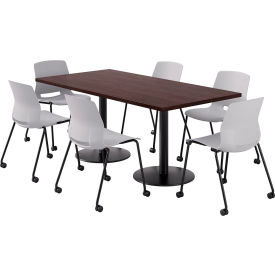 36" x 72" Table with 6 Imme Armless Caster Chairs, Light Gray Seat/Espresso Top