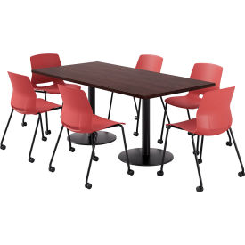 36" x 72" Table with 6 Imme Armless Caster Chairs, Coral Seat/Espresso Top