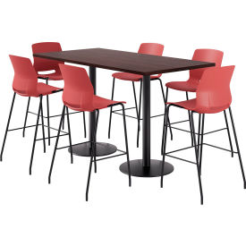 36" x 72" Table with 6 Armless Barstools, Coral Seat/Espresso Top