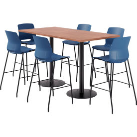 36" x 72" Table with 6 Armless Barstools, Navy Seat/River Cherry Top