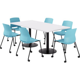36" x 72" Table with 6 Imme Armless Caster Chairs, Sky Blue Seat/Designer White Top