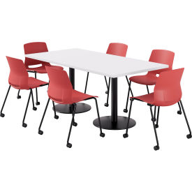 36" x 72" Table with 6 Imme Armless Caster Chairs, Coral Seat/Designer White Top