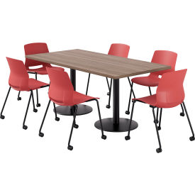 36" x 72" Table with 6 Armless Caster Chairs, Coral Seat/Studio Teak Top