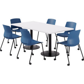 36" x 72" Table with 6 Armless Caster Chairs, Navy Seat/Designer White Top