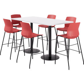 36" x 72" Table with 6 Armless Barstools, Coral Seat/White Top