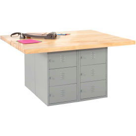 4 Station Workbench, 12 Horizontal Lockers, No Vises, 64"Wx54"Dx33-1/4"H, Gray