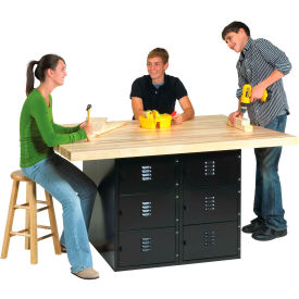 4 Station Workbench, 12 Vertical Lockers, 64"W x 54"D, Black