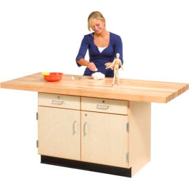 2 Station Workbench, 2 Drawers, 1 Cabinet, 64"W x 28"D, Tan