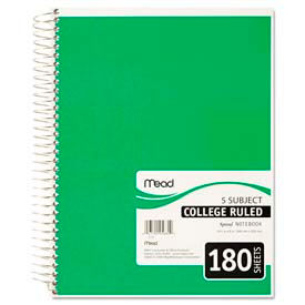 Spiral Bound 5-Subject College Ruled Notebook, 8 x 10-1/2, 180 Sheets